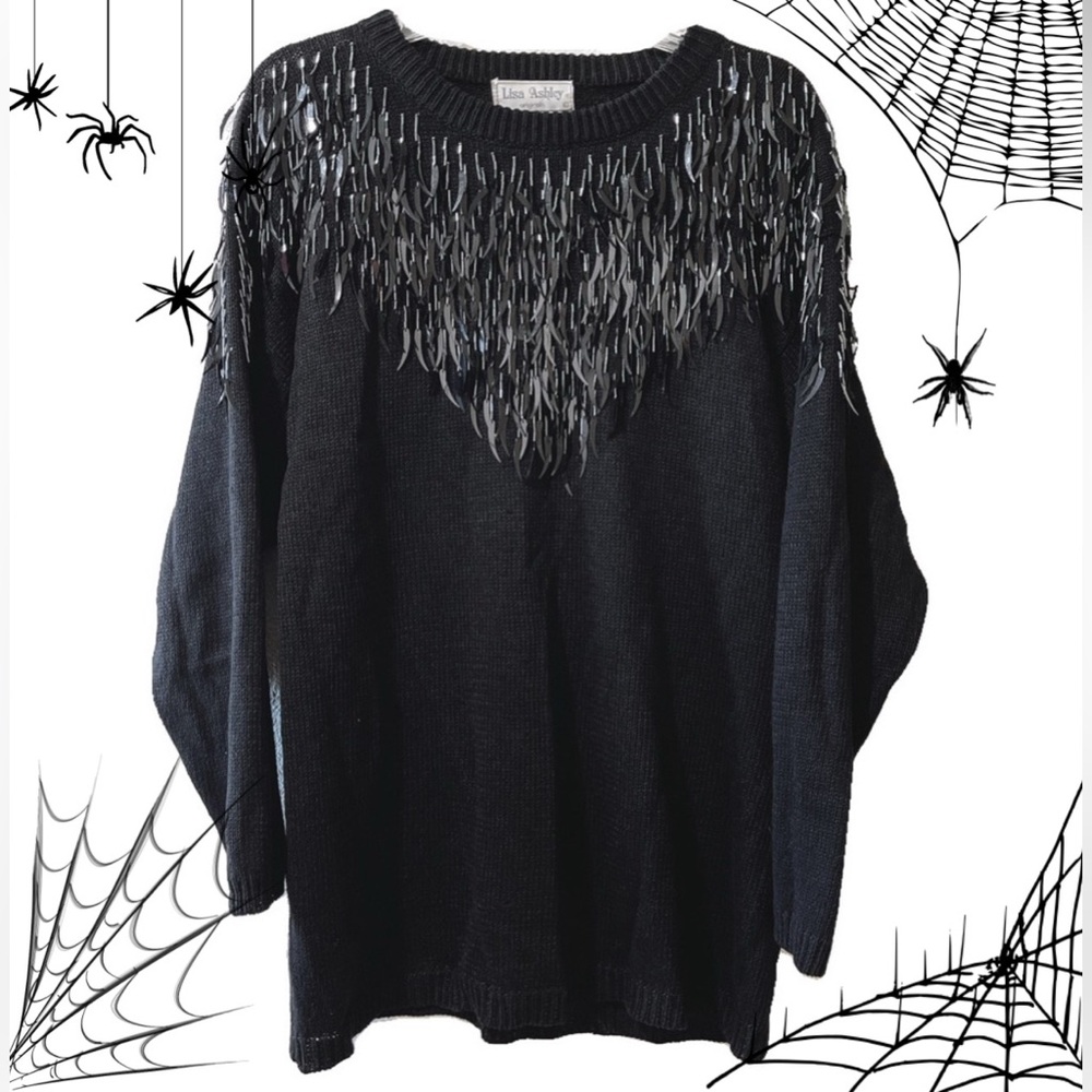 Vintage Black Sequined Knit Gothic Sweater 🕸️🕷️🦇🖤